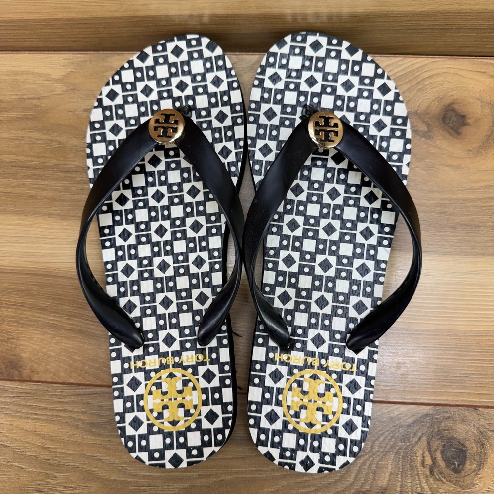 Tory Burch Flip Flop Thong Sandals Womens 6 Black White Geometric Travel Resort - Picture 8 of 10